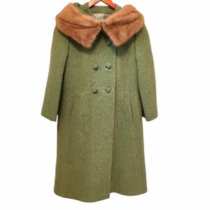 Vintage 1950s Haddad's Siari Green Wool Coat Mink Fur Collar Size Medium USA